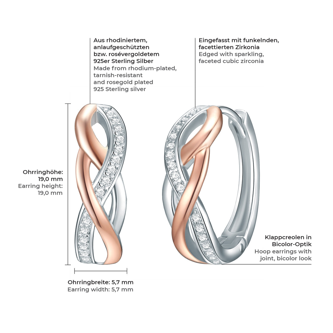 Klappcreolen Sterling Silber bi-Color Zirkonia weiß