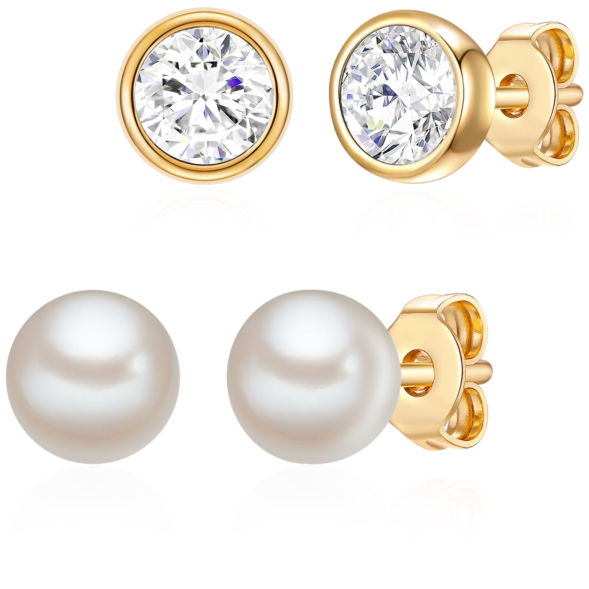 2er Set Ohrstecker Sterling Silber gelbgold Süßwasser-Zuchtperle weiß verziert mit Kristallen von Sw